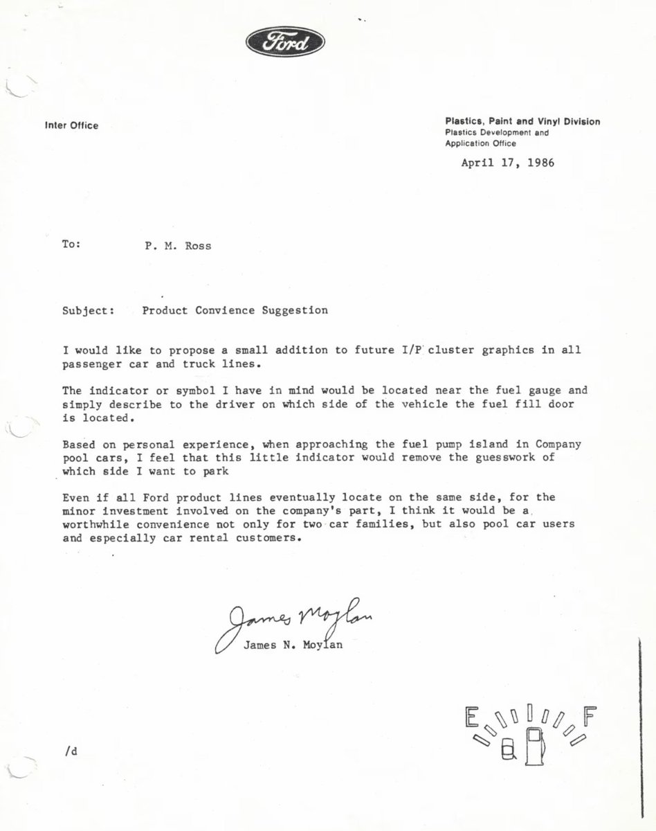 jimfarley98's tweet image. I think of Jim Moylan's invention every time I fill up my gas tank. Jim was a @Ford engineer who noticed an issue and was inspired to solve it to make our customers' daily lives easier. Nearly 40 years later and his innovative idea still helps millions of drivers every day!