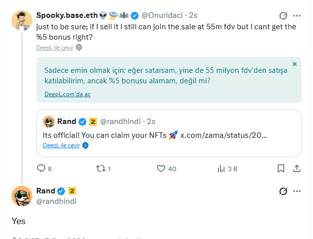Zama OG NFT kazananlar için bir kaç açıklayıcı bilgi; 

1 - NFT satarsam yinede 55M FDV satışa katılabilirmiyim  ?
Evet <a href="/randhindi/">Rand</a> bu soruya evet diyerek cevap vermiş.

2 - Marketten NFT alırsam ne olacak ?
Halka açık müzayedenin sonunda Zama OG NFT'ye sahip olan herkes,