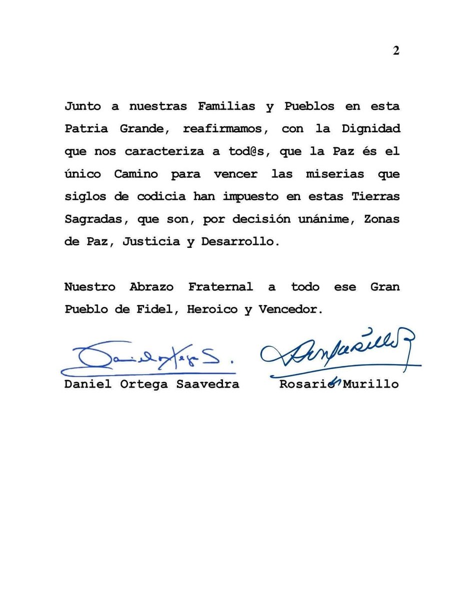 Mensaje del Gobierno de #Nicaragua a #Cuba "Compartimos la indignación y el dolor del pueblo y Gobierno de Cuba y particularmente de las familias de los compañeros caídos en el ilegal ataque contra #Venezuela,y en estos momentos trágicos enviamos nuestro cariño"...y solidaridad