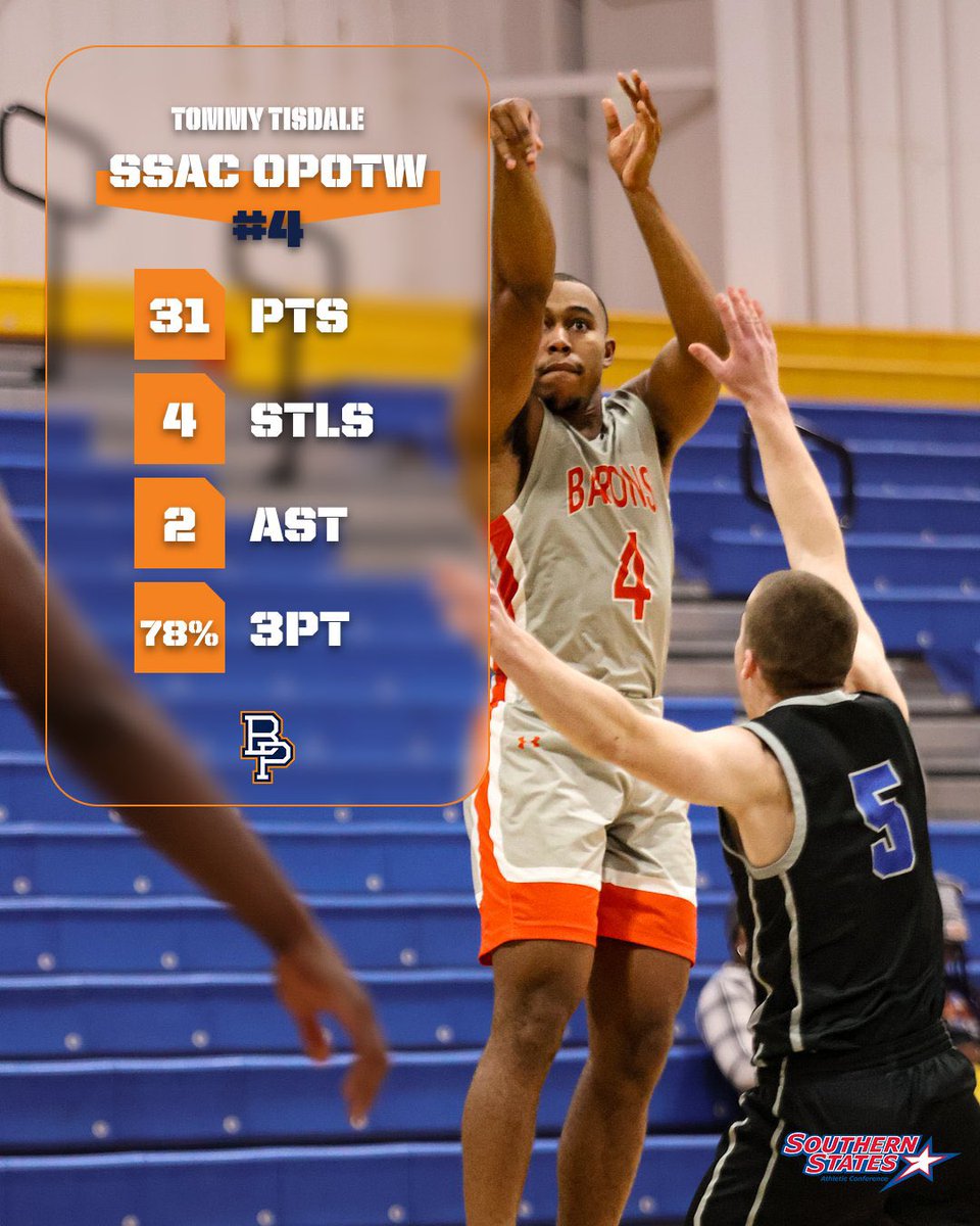 bpcuathletics's tweet image. After a dominant 31 point performance against Spartanburg Methodist, Tommy Tisdale has been named the SSAC Offensive Player of the Week!