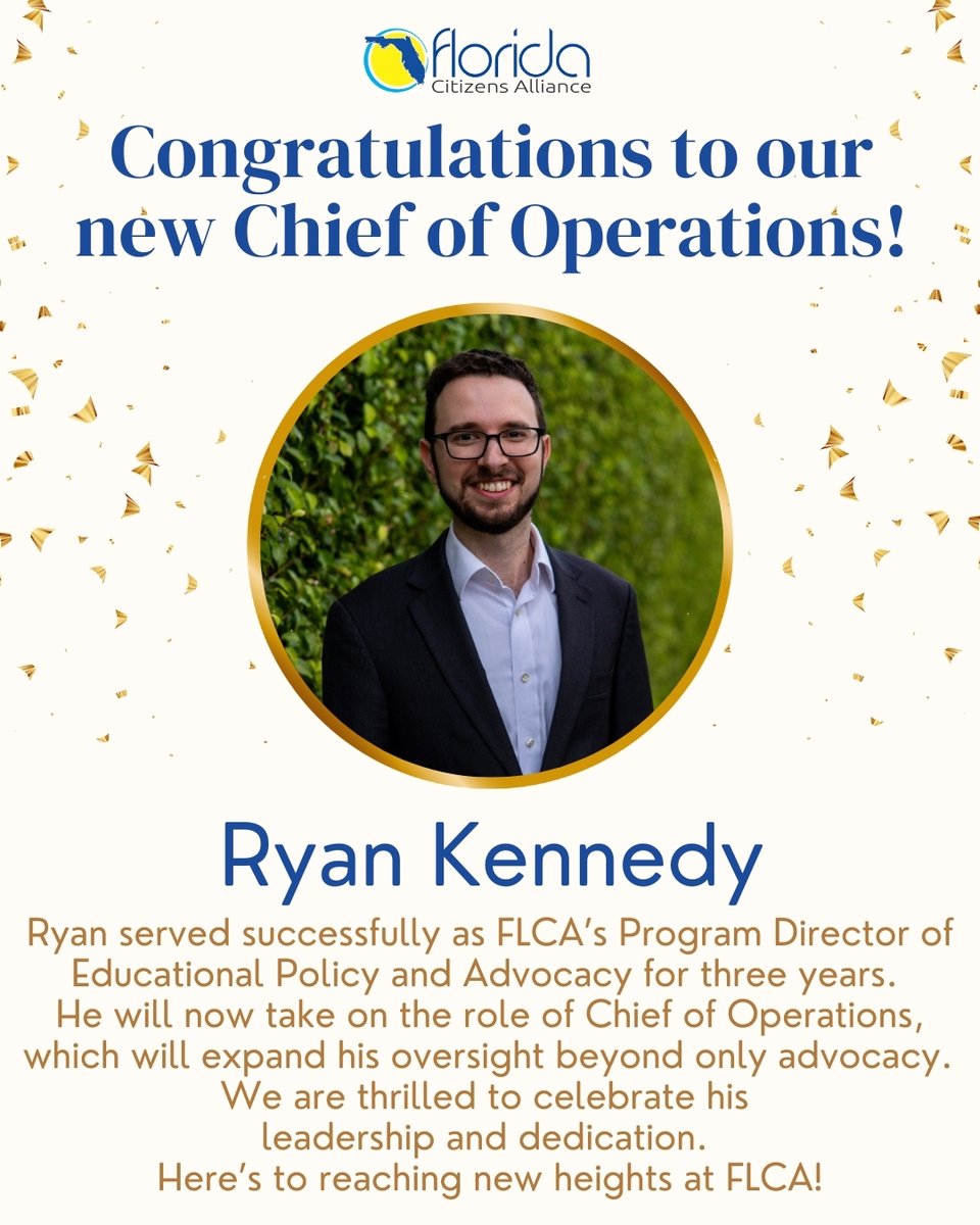 We’re excited to announce <a href="/ryankennedy63/">Ryan</a>  as the new Chief of Operations for Florida Citizens Alliance 🎉 

With over seven years of public policy experience—and three years leading our Policy &amp; Advocacy efforts—Ryan brings proven leadership, strategic insight, and a deep