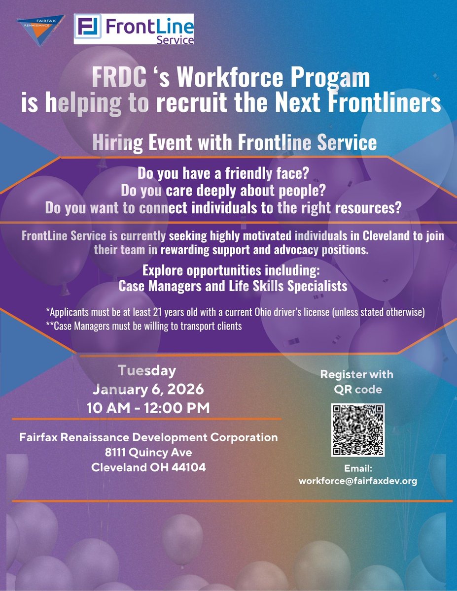 FRDCCleveland's tweet photo. Friendly face? Passion for helping others?
Join FrontLine Service and make a difference in your community!

Tue, Jan 6th
10 AM–12 PM
8111 Quincy Ave, Cleveland, OH  44104
Open roles: Case Managers &amp; Life Skills Specialists

Email: workforce@fairfaxdev.org https://t.co/d2I1J4S2CE