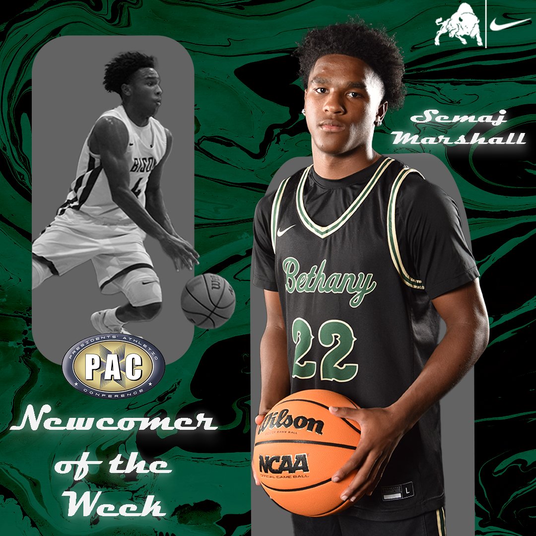 BethanyWV_Bison's tweet photo. Men's Basketball: @bethanywvmbb's Semaj Marshall earns his first @PAC_Athletics Newcomer of the Week award after a BIG performance in his first collegiate start! 🙌🏀

https://t.co/B5qkpkhKEp https://t.co/9HVgtuh11c