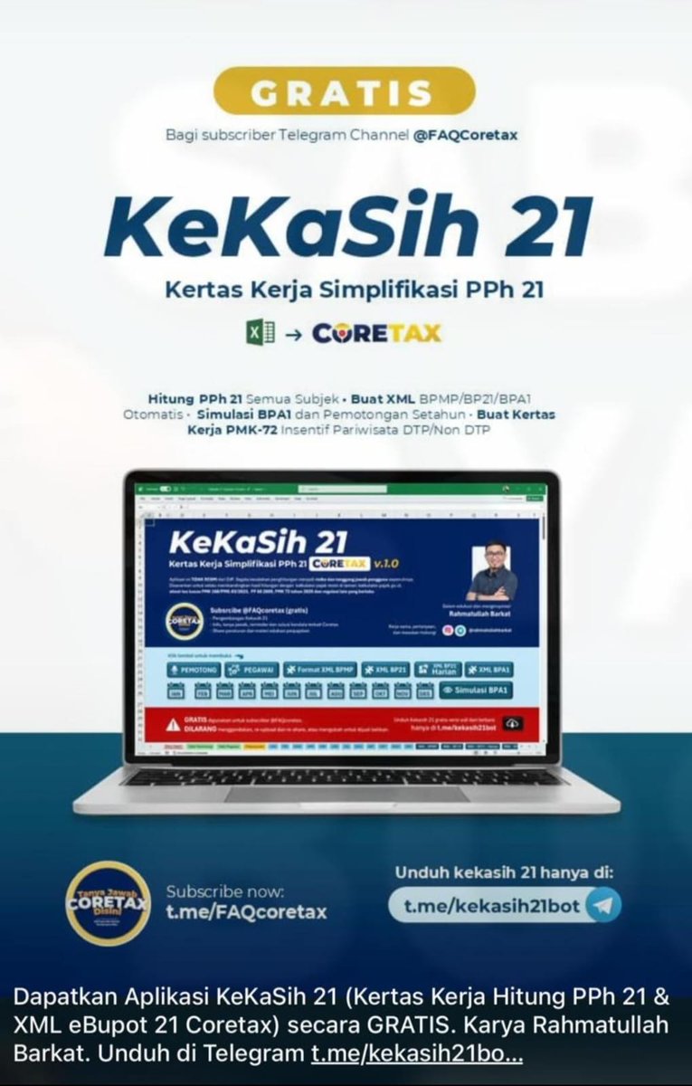 edomsuhada's tweet photo. Dapatkan Aplikasi KeKaSih 21 (Kertas Kerja Hitung PPh 21 &amp; XML eBupot 21 Coretax) secara GRATIS. Karya Rahmatullah Barkat. Unduh di Telegram https://t.co/9aSjfu1wtS https://t.co/GU2nIIzT6N