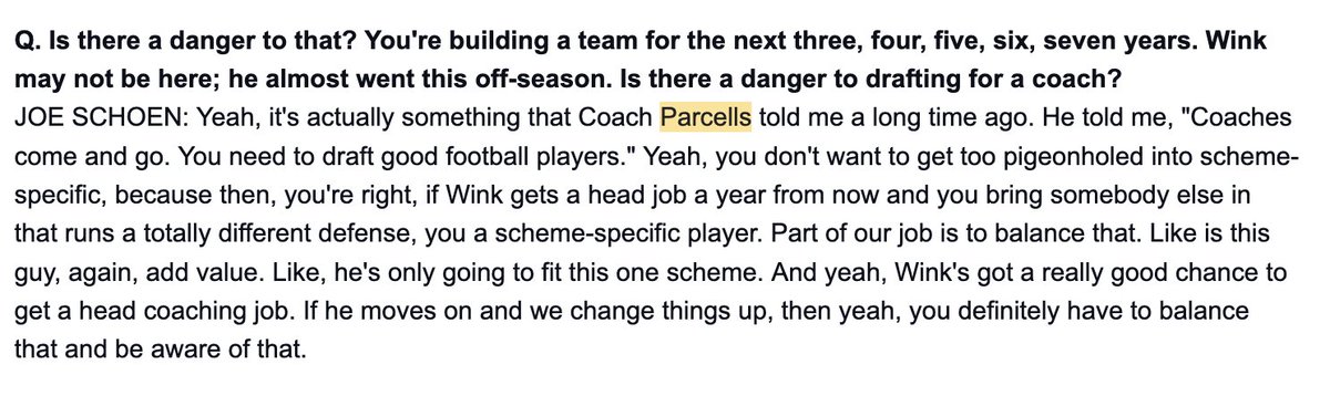 DDuggan21's tweet image. Schoen said a lesson he's learned through this process as a GM is that when you sign and draft players "you want them to be versatile schematically because as we see today, and previously, coaches come and go."

Schoen said he's been guilty of drafting a scheme-specific player…