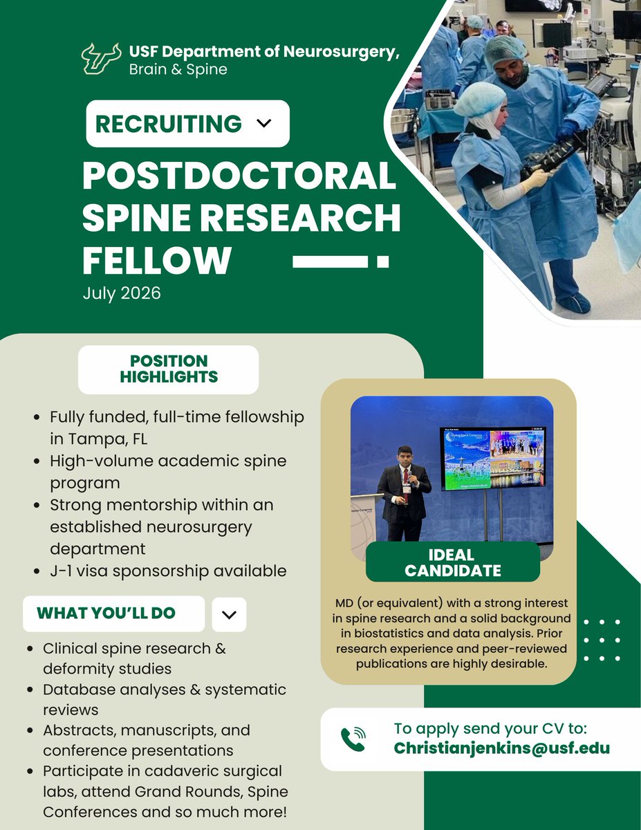 USFNeurosurgery's tweet photo. Now Recruiting: Postdoctoral Spine Research Fellow (July 2026 Start)

📅 Start Date: July 1, 2026
📩 Apply: Email CV to christianjenkins@usf.edu 
🕒 Applications reviewed on a rolling basis

👉 Please feel free to share with interested colleagues. https://t.co/NRdoo4Vplq