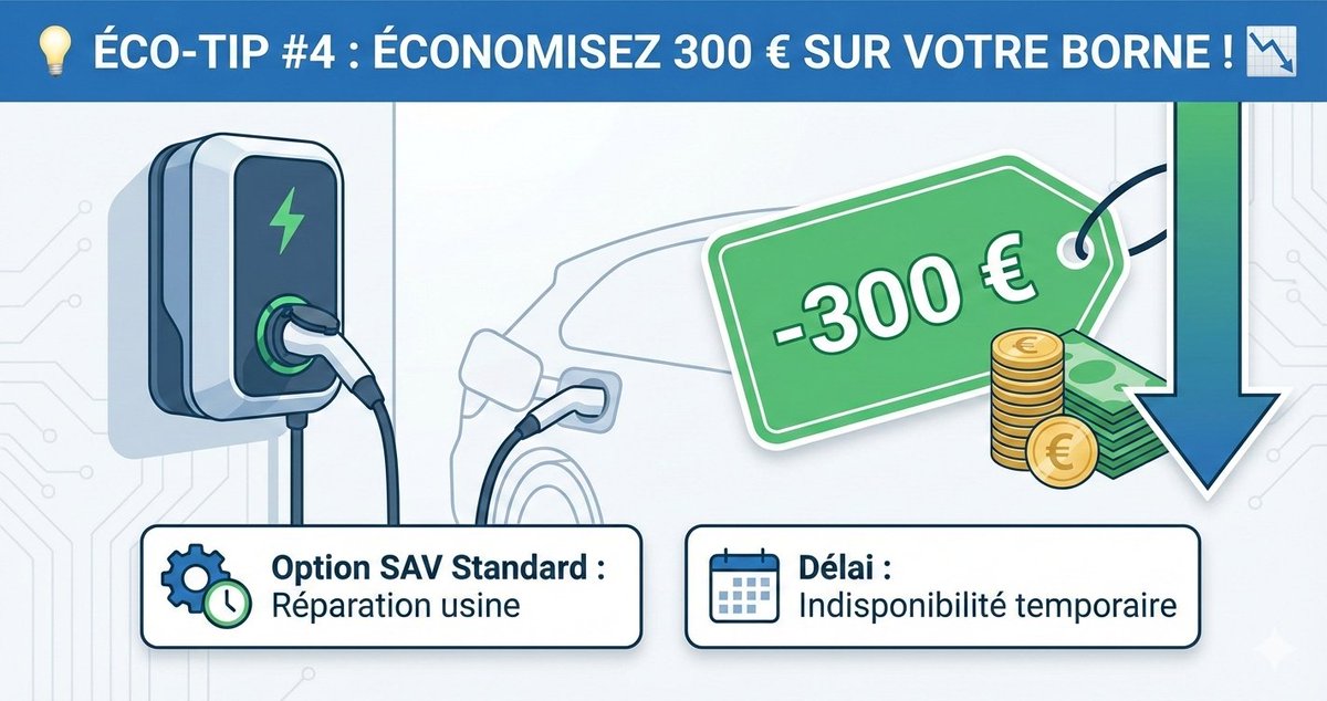 jmhaeck's tweet photo. €CO-TIP #4 ÉCONOMISEZ 300 € SUR VOTRE BORNE 📷 avec l'option SAV Standard.
En choisissant cette option plutôt que le service d'échange express 48h, vous bénéficiez d'une remise immédiate de 300 € sur votre installation. https://t.co/mfGwi6TjK7