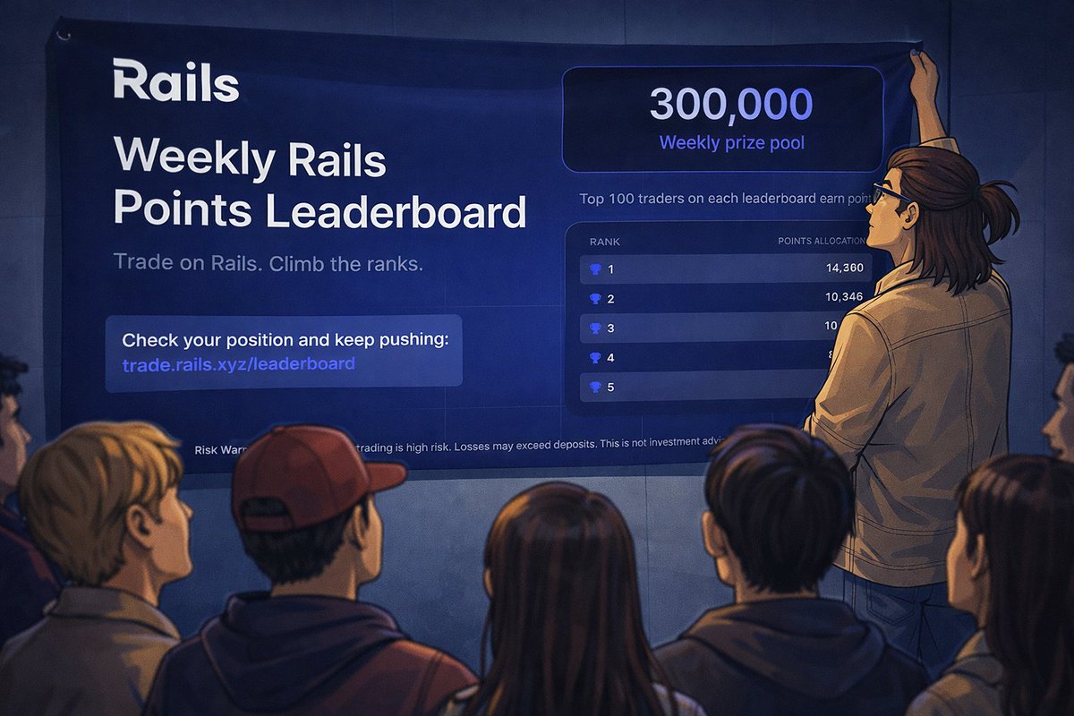 TheRealNesfield's tweet photo. One thing I like about how @rails_xyz does this is the focus on consistency.

Every week, 300,000 Rails Points get shared across three leaderboards.

Not for one lucky trade.
For showing up, trading steadily, and stacking volume over time.

-> You trade perps on Rails.
-> Your activity gets tracked.
-> You climb the ranks by staying active and disciplined.

And the end result isn’t abstract.

➘ Those points stack.
➘ They convert into $RAILS at token launch.
What you do now directly shapes your allocation later.

So it’s not about one lucky trade.
It’s about showing up, week after week, and letting the leaderboard do the talking.

How are you approaching it, pushing volume or focusing on consistency?