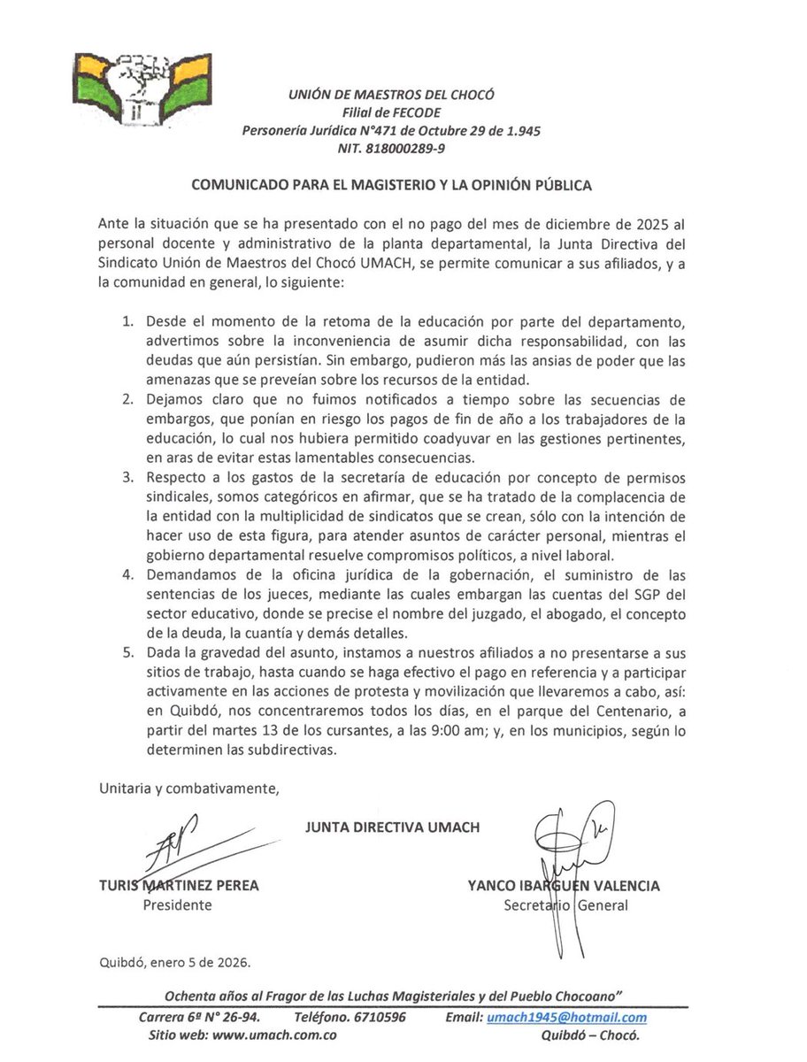 Exigimos pagos en tiempos de ley a los y las maestras de Chocó 
Respaldamos acciones de movilización sindicato UMACH para garantizar recursos del sector educativo en el departamento y evitar incumplimiento derechos a las  comunidades educativa 

<a href="/Mineducacion/">MinEducación</a> <a href="/fecode/">fecode</a> <a href="/cutcolombia/">Central Unitaria de Trabajadores</a>