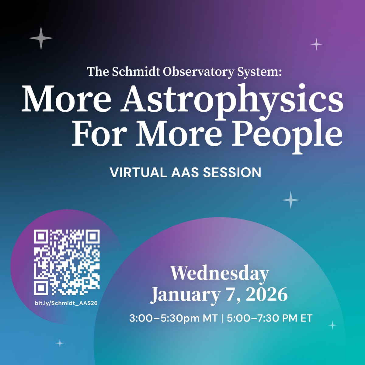 schmidtsciences's tweet image. More Astrophysics for More People ✨

Join us for a virtual #AAS247 session and a first look at the Schmidt Observatory System—a new network of ground and space-based initiatives.

📆 Wednesday, Jan 7, 2026 
3-5:30pm MT / 5-7:30pm ET

Register: buff.ly/kbbNFuB