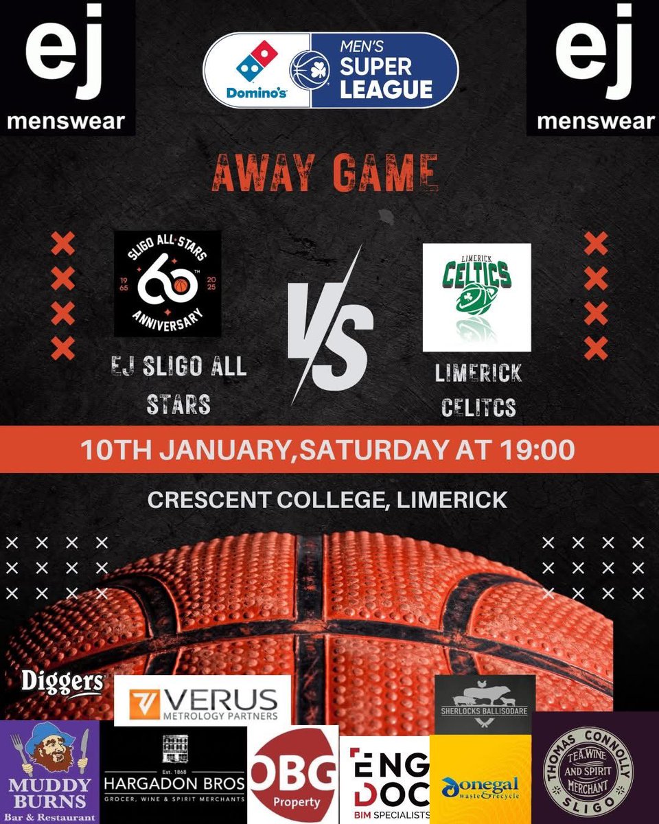 💥SUPERLEAGUE AWAY GAME💥

🏆 <a href="/Dominos_ROI/">Domino's Pizza ROI</a> Men’s Superleague
🆚 <a href="/LimerickCeltics/">Limerick Celtics</a>
📆 Saturday 10th January
🏟️ Crescent College, Limerick
🏀 7pm
📻 @OceanFmSport
📺 LIVE on BasketballIreland.tv
📲 LIVE Stats on @SwishLive App

#letsgoallstars

🤵‍♂️@Ejmenswear |🐶<a href="/Petstopsligo/">Petstop</a>
