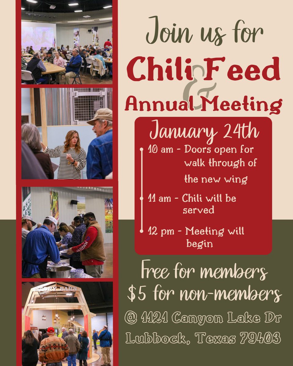 ✨ Save the Date ✨

Chili Feed &amp; Annual Meeting
🗓 January 24th 

Doors will open at 10 AM for a walkthrough of the new wing, with lunch served at 11 AM and the annual meeting to start at 12 PM.  

Free for members | $5 for non-members

See you soon! 🌶️