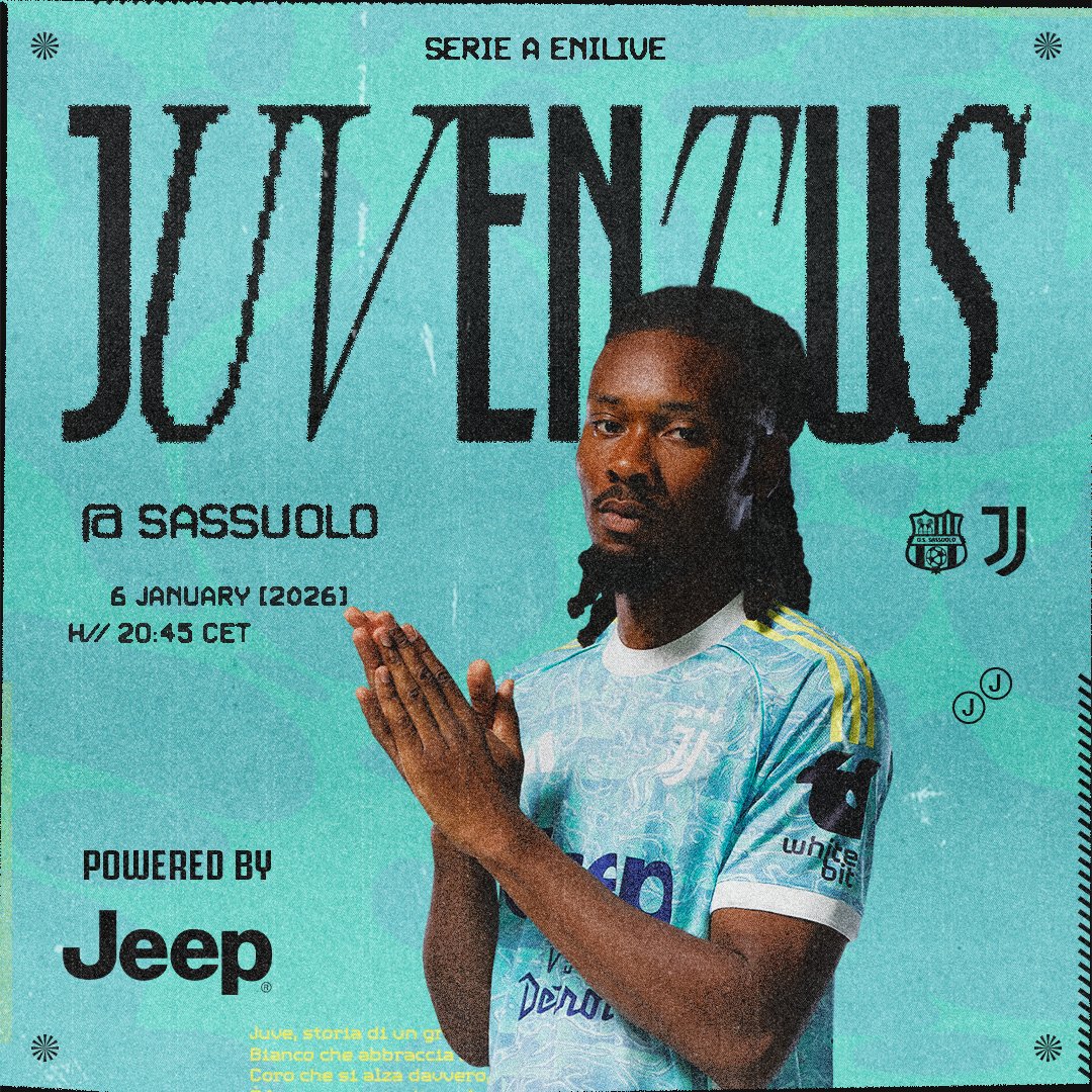 juventusfc's tweet photo. Ultima gara del girone d'andata di campionato ⚪️⚫️ 

🇮🇹 Serie A 
🗓️ 19ª giornata 
🆚 Sassuolo 
⏰ 20:45 CET
#️⃣ #SassuoloJuve 
🔋 Powered by @Jeep https://t.co/NRuEXRoPGr