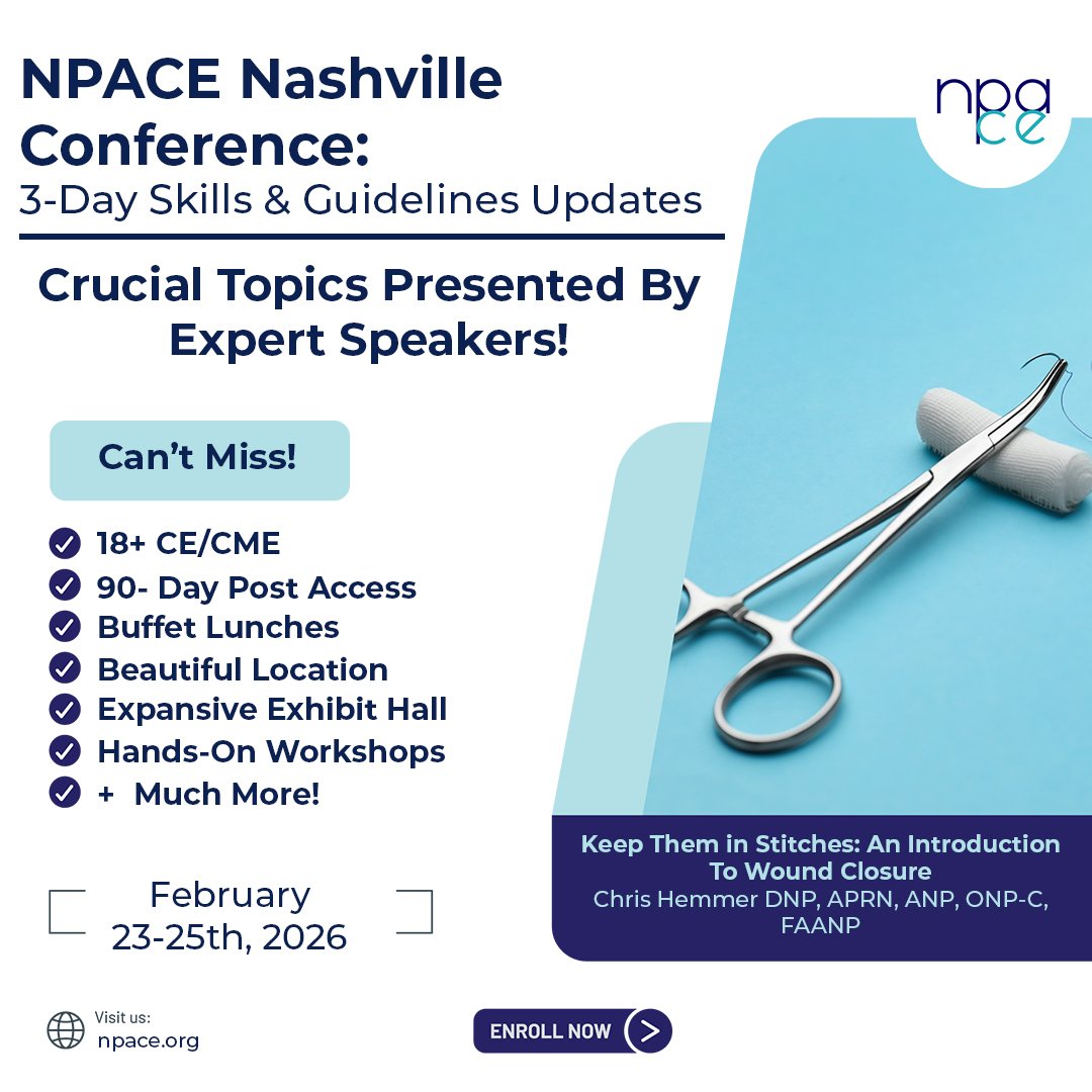 NPACE_org's tweet image. NPACE Nashville brings you 3-days of unbeatable Skills &amp;amp; Guideline updates!
Don't miss community favorite speaker Chris Hemmer for "Keep them in stitches: An introduction to wound closure".
Register today!
hubs.li/Q03ZsGSQ0