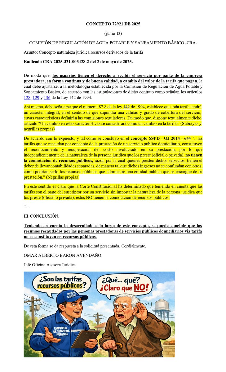 carlosateho's tweet photo. LAS TARIFAS NO SON RECURSOS PÚBLICOS.  Concepto Técnico dado por la CRA a la Contraloría de Cundinamarca.  ,,, Se recomienda su lectura a los equipos auditores en las Empresas de Servicios Públicos https://t.co/AN3FPqBGJf