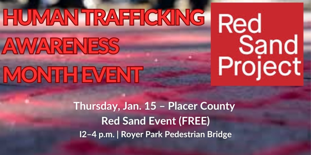PlacerCA's tweet photo. Join the Red Sand Project for Human Trafficking Prevention Month! ➡️ Pour red sand into sidewalk cracks to represent victims. Be part of the solution. Thursday, Jan. 15, 12-4 p.m. #HumanTraffickingPrevention #RedSandProject #CommunityAction. Learn more: https://t.co/IBqX88hLEB https://t.co/QehFtOzVdi