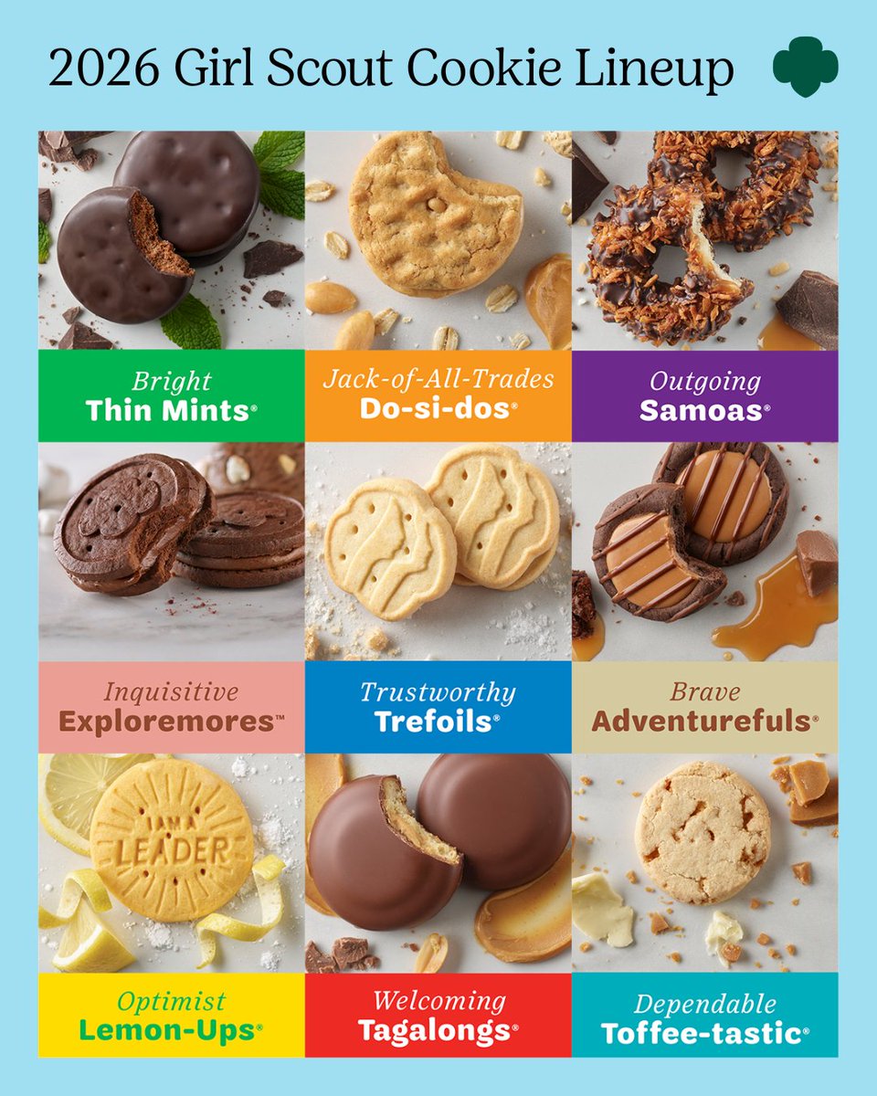 Five days to go 🍪
Cookie Season is almost here, and this is your official look at the 2026 Girl Scout Cookie lineup! From classic favorites to our newest cookie, Exploremores, there’s something for everyone.
Booths open in Miami and the Keys this Saturday 1/10  💚