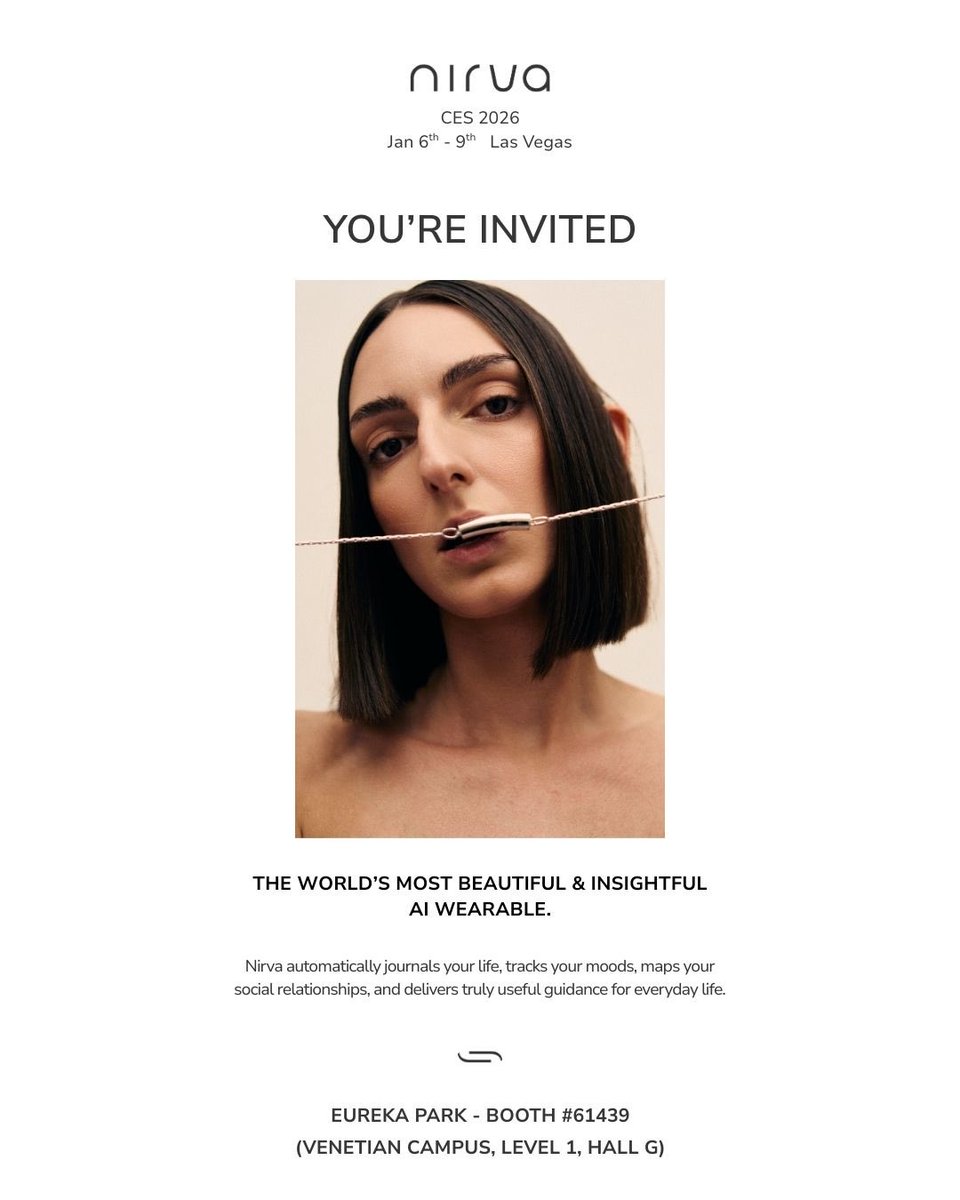 Nirvalabs's tweet photo. You’re invited.
Join us at CES 2026 and experience Nirva.

#ces2026 #ceslasvegas #aiwearables #wearabletech #journaling https://t.co/QropLGboc8