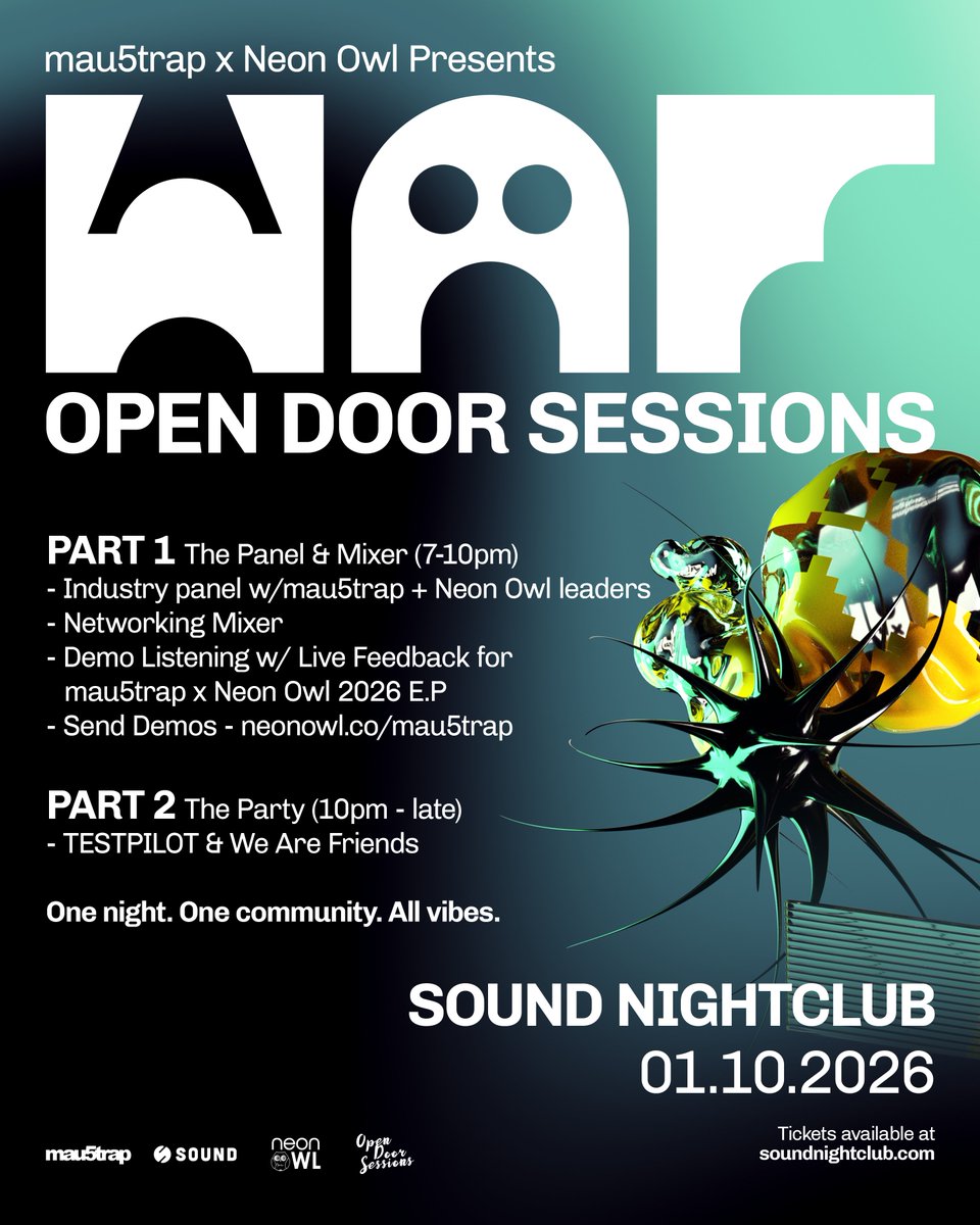 mau5trap's tweet photo. coming up this weekend!! 

live listening + feedback for 2026 EP selections w/ @neonowlco. submit your demos here: https://t.co/eFO5tzz9ED https://t.co/7oUp8G7bzp