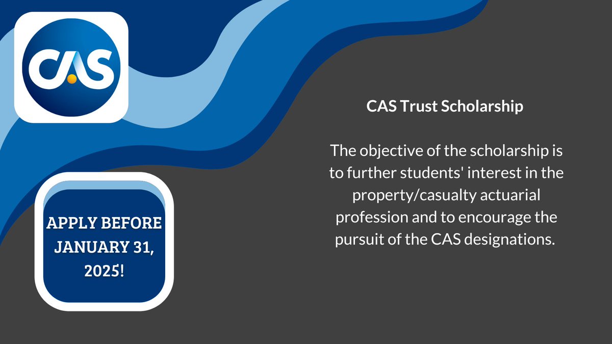 Are you a full-time actuarial student? You may be eligible for the CAS Trust scholarship! Winners will be awarded scholarships ranging from $2,500-$5,000. Apply before January 31st! casact.org/trustscholarsh…
