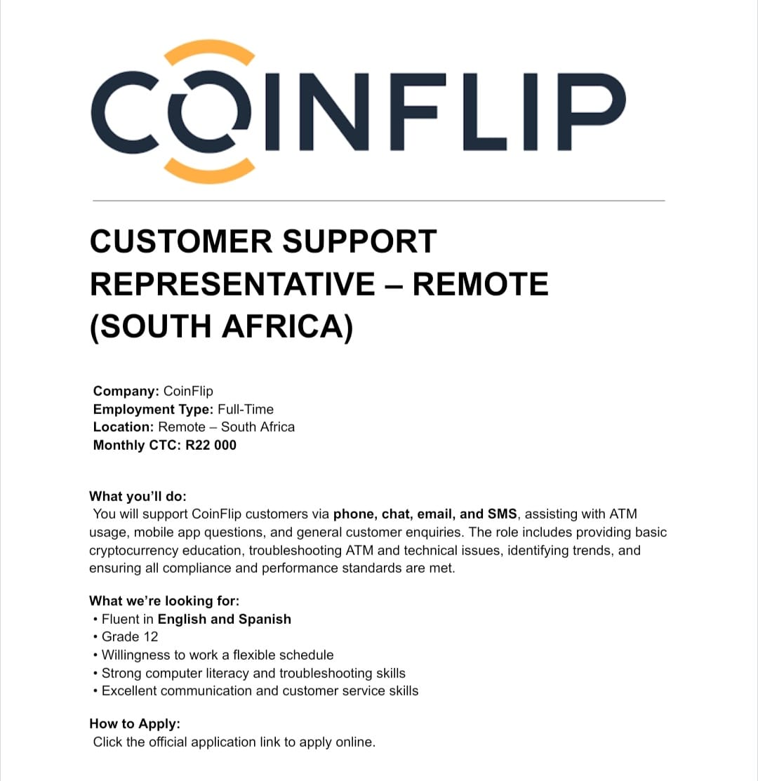 CoinFlip is hiring! ✓Customer Support - Work from home Coinflip is hiring  remote customer support now for a full-time position with a monthly salary  of up to R22,000. Apply online today. Apply