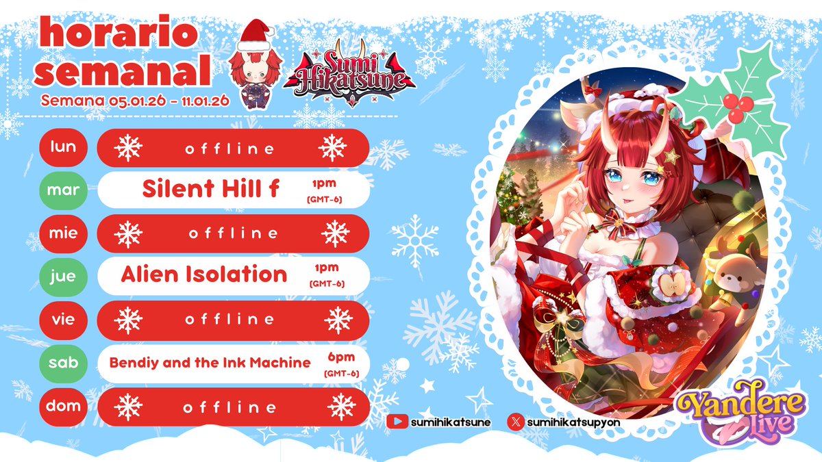 Buenas tardes Cuernitos! 🥐✨❤️

Paso por aquí para dejarles el horario de la semana! ✨
Regresamos a la programación habitual con Silent Hill y Alien Isolation (ﾉ*･ω･)ﾉ Aunque Silent hill creo que nos falta poco para terminarlo (?) lo presiento 

Y el Sábado probare un