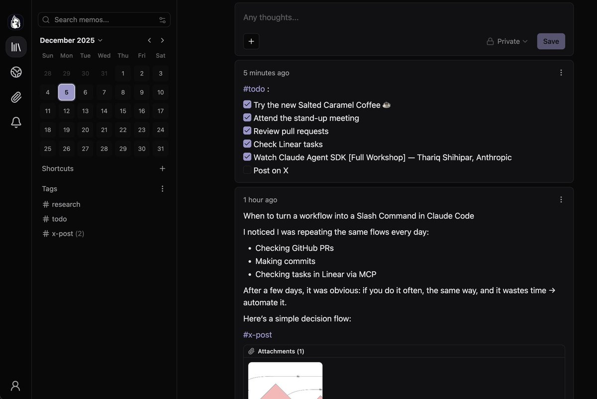 Found an amazing free and open source repo for managing markdown files that I love.

Memos! Written in Go + TypeScript

(Save this post to try it later)

Took me about 10 minutes to get it running locally with Docker, and once I tested it, I deployed it on Fly. io using Claude