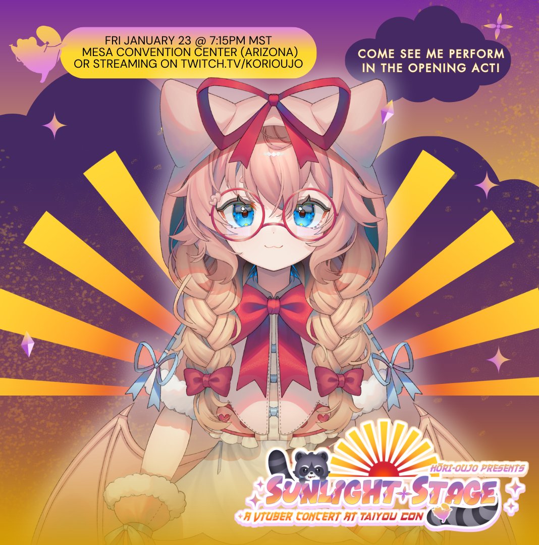 chimernyan's tweet photo. Meowdy!! I had the honor of joining the opening act of @korioujo's Sunlight Stage concert! ☀️

Come and see us (lots of awesome VTuber singers!!) live either at the Mesa Convention Center or on Kori's Twitch!! 🩷 https://t.co/PKeDeC4Dmy