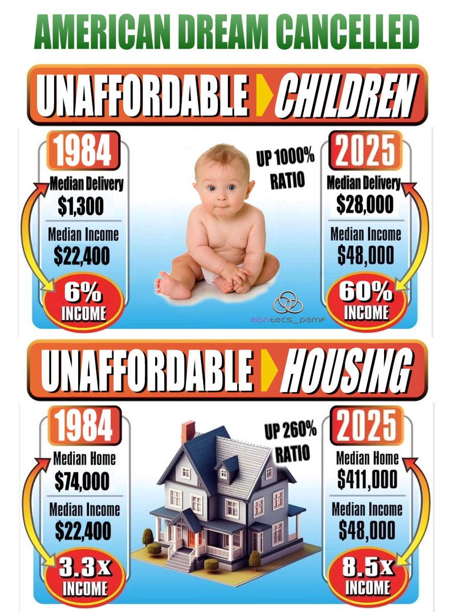 In 1984 you could have 10 children for the cost of 1 today in 2026.

In 1984 you could buy 2.6 homes for the cost of 1 today in 2026.

That's what happened to the American Dream.