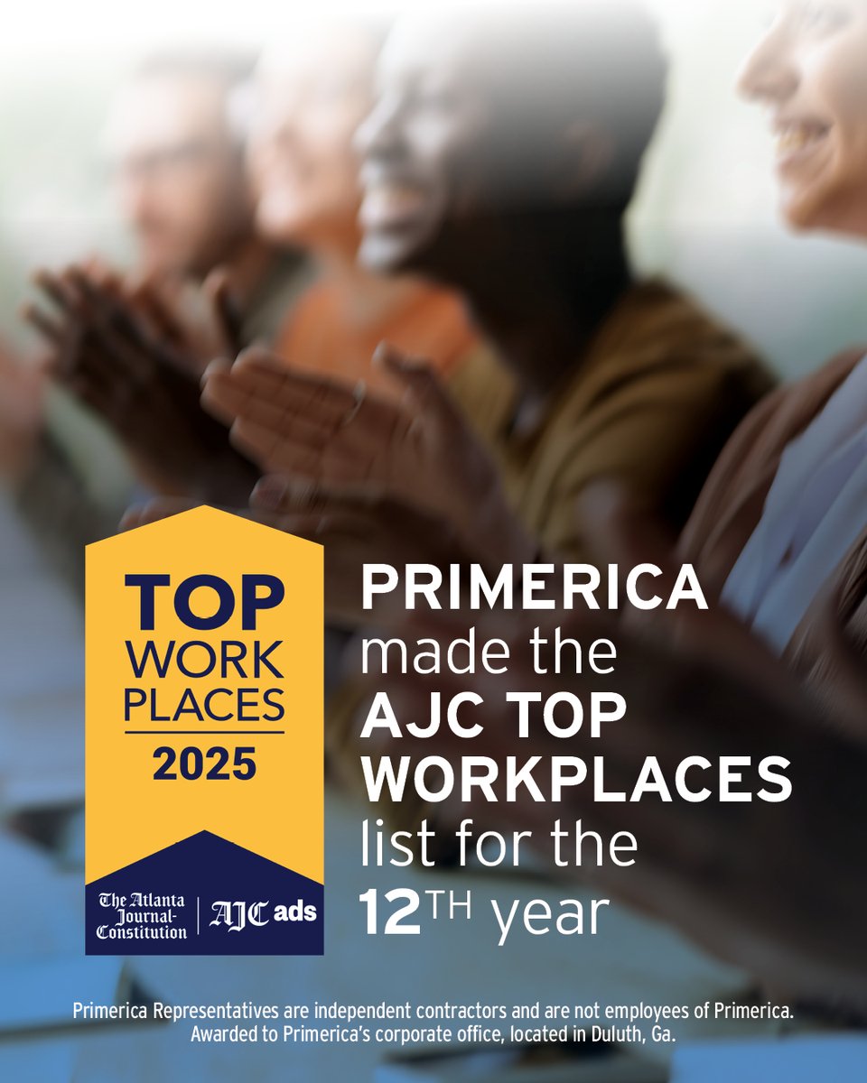 StevenRBennett's tweet photo. Primerica has made the AJC Top Workplaces list for 12 years in a row thanks to amazing feedback from their corporate employees! I’m proud to be a part of a company that’s valued by their people. #PrimericaProud https://t.co/SMn4yN1SWQ