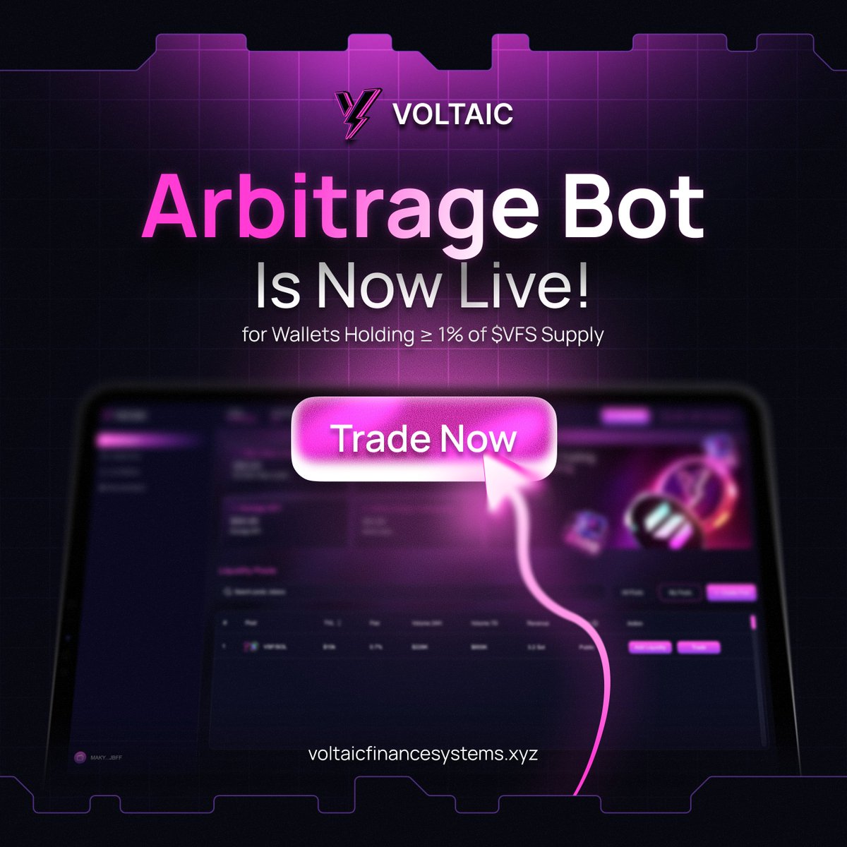 Major Announcement

VFS arbitrage bot is officially live!  
For the next 7 days, anyone holding at least 1 $VFS can access and trade using the bot.

app.voltaicfinancesystems.xyz/bot