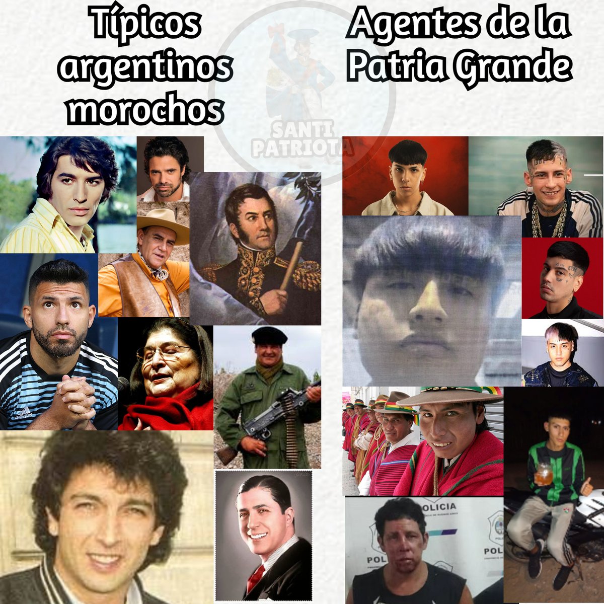🇦🇷⭕️ La gente creé que la TBD es excluyente con la mayoría de la población, cuando lo unico que hacemos es reivindicar al argentino típico, que incluye a los morochos que no descienden de limitrofes.

Acá una comparación para que puedas diferenciar a un argentino de un boliguayo: