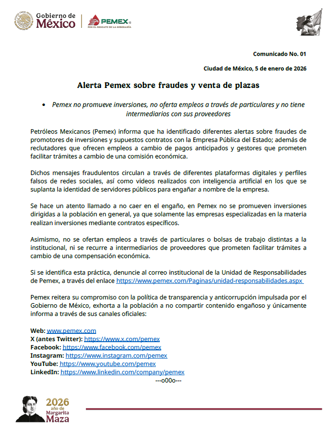 Pemex's tweet photo. 📍Alerta Pemex sobre fraudes y venta de plazas

Comunicado nacional: https://t.co/2SbsxxRQOu https://t.co/e6TY0VukOY
