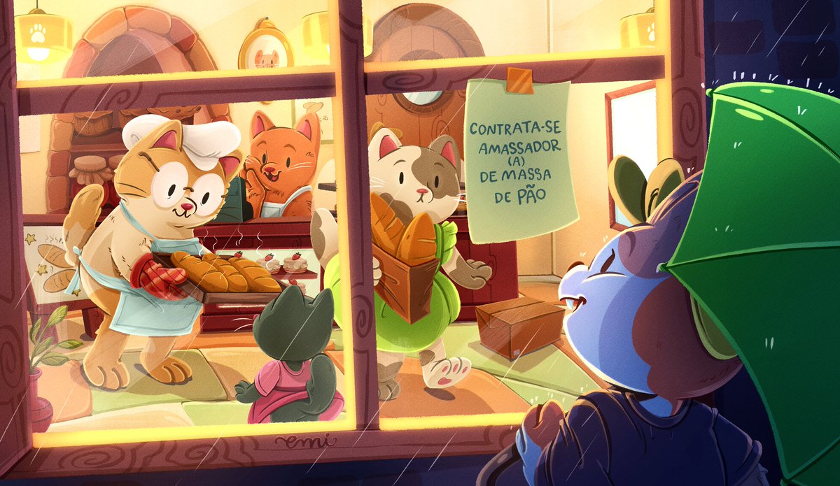 para o meu primeiro desenho do ano decidi desenhar uma padaria de gatinhos procurando profissionais em amassar pãozinho 🐾🍞🥐