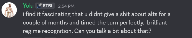 TheFlowHorse's tweet photo. From today’s stream in @TradingStable - We were basically right on top of the turn, and said to let it ride.

1 - Be honest about where the market actually is.
Alts were already well off the highs, sentiment was cooked, positioning was lighter, and a lot of the “forced selling” had already happened. When you’re that far off the peak, the market doesn’t need some heroic new bid to rally, it just needs selling pressure to stop. The effort required to get a tradable move is way lower than people think, because you’re not fighting crowded euphoria anymore, you’re trading a depressed, under-owned tape that’s set up for a squeeze and rotation.

2 - Use systematic trend filters and lean on them so you’re not arguing with your own bias.

I don’t want to “feel” the turn, I want the market to prove it. I run trend based filters that tell me when the ship is starting to rotate, and I treat it like a big ship, it turns slowly, but when it turns it usually doesn’t snap back immediately without follow through.

So when alts stopped making lower lows, started stabilizing, then began to reclaim key structure levels and hold them, that’s the tape telling you the regime is changing. At that point, any instinct that says “nah, this rally will fail” is basically just you fading what price is doing in real time
