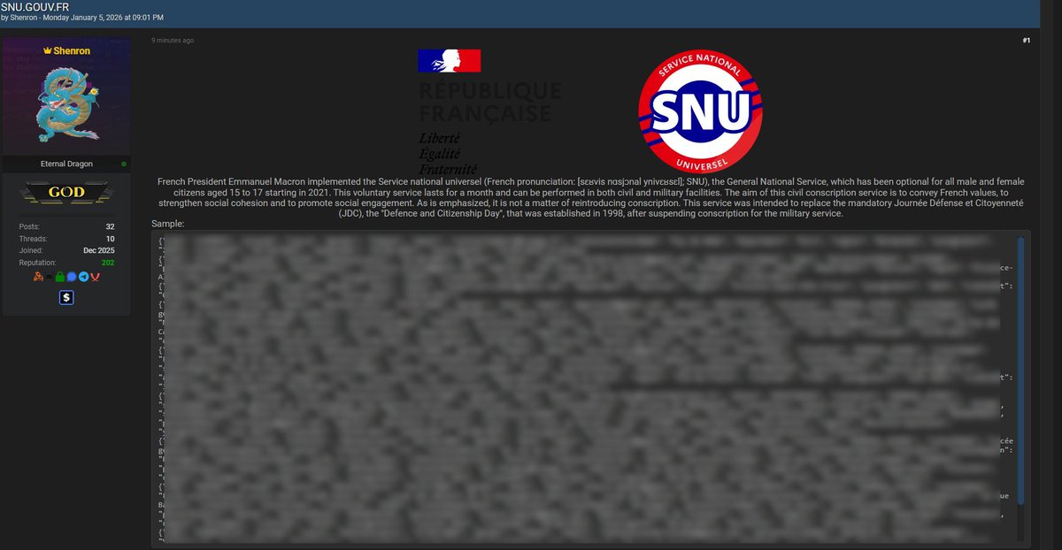 seblatombe's tweet image. 🚨FUITE DE DONNÉES - SERVICE NATIONAL UNIVERSEL (SNU) 🇫🇷

Un pirate met aujourd’hui à disposition du public une base de données massive du SNU, issue d’un piratage datant de 2023, qui comporterait plus de 150 000 personnes.

Le leak se composerait de bases CSV complètes,