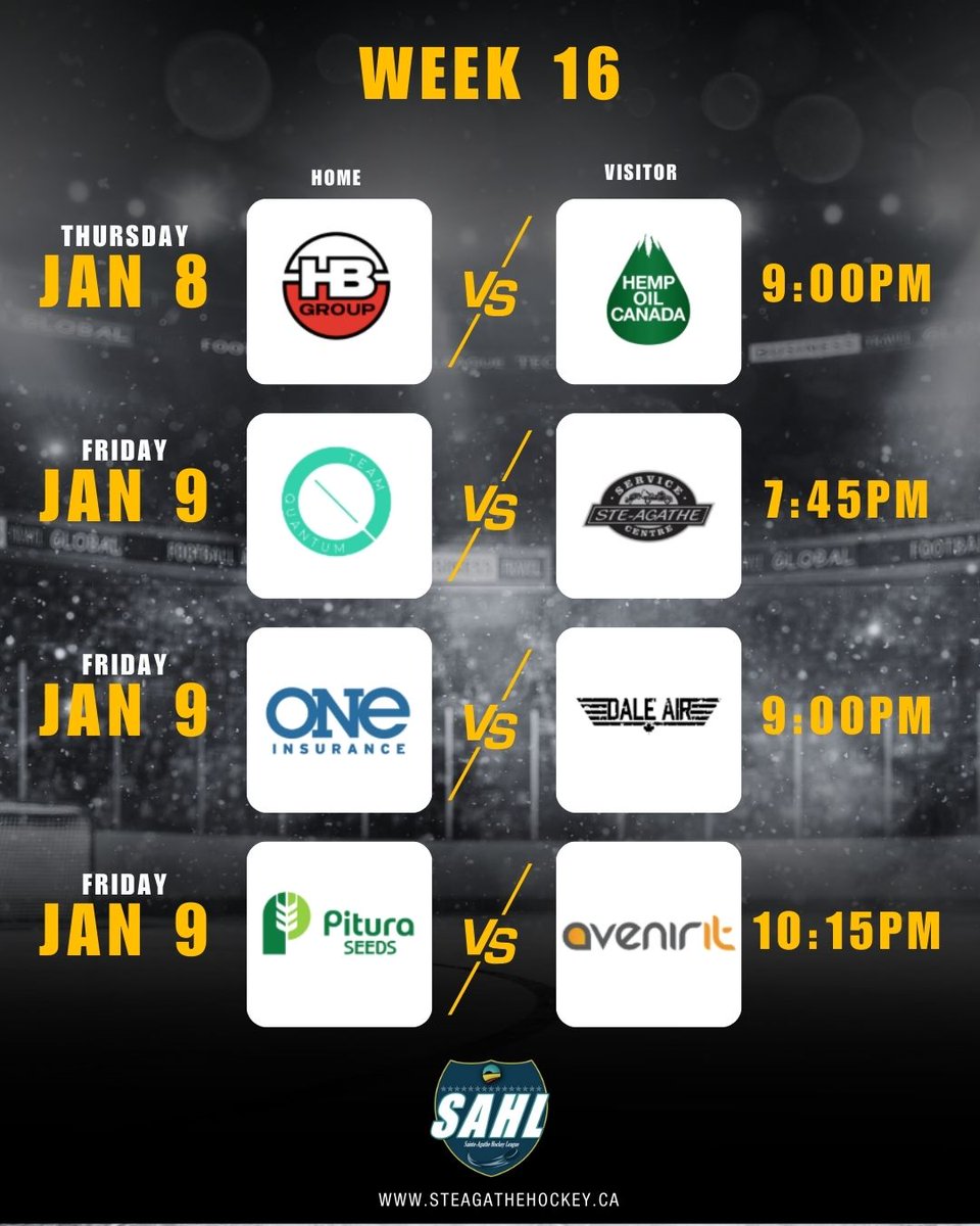 SAHL IS BACK!!! 

Happy New Year to all... week 16 is set. See you all at the rink!

#SAHL