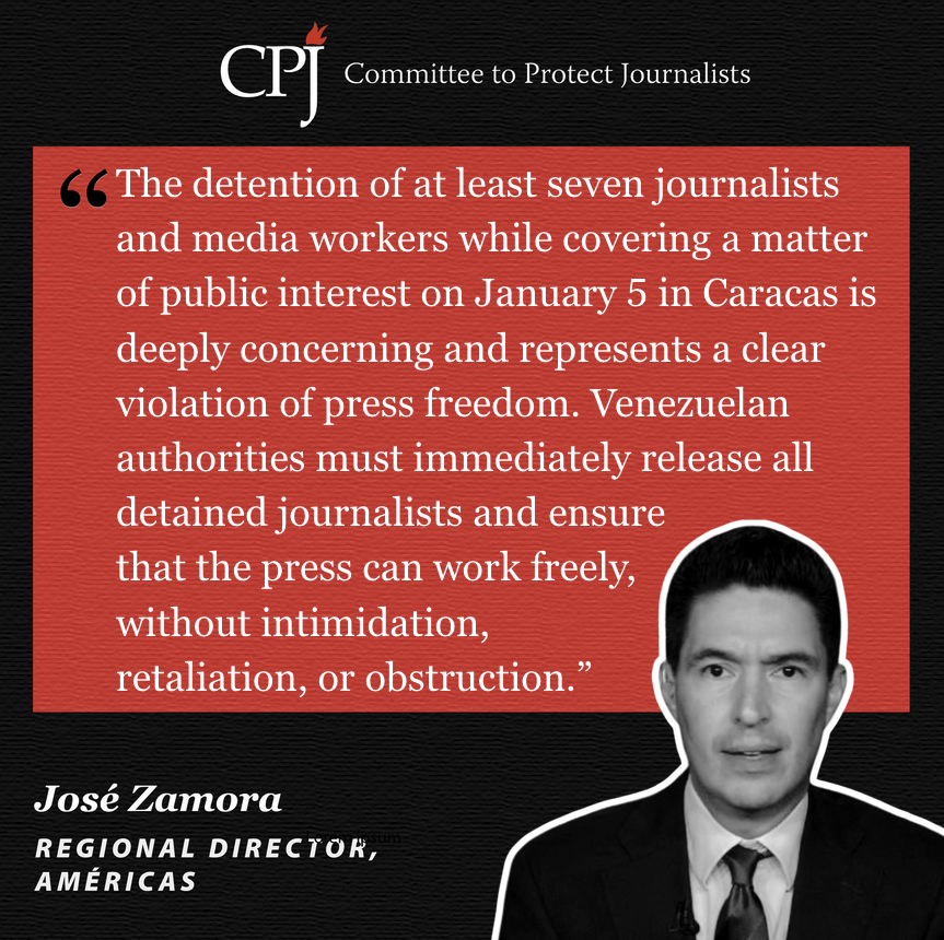 CPJAmericas's tweet photo. #Venezuela "Venezuelan authorities must immediately release all detained journalists and ensure that the press can work freely, without intimidation, retaliation, or obstruction." @jczamora https://t.co/e9YzKIo152