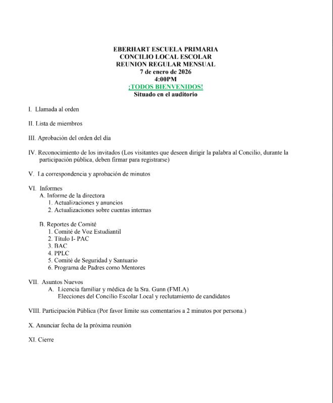 Eagle News:🧐📌📰☺️
LSC Meeting on January 7, 2026👇     
reunión especial de LSC del 7 de enero de 2026👇