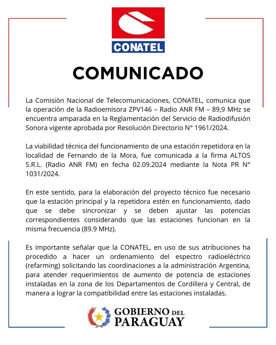 Respecto a lo publicado por  el diario ABC Color sobre el funcionamiento de la 89.9 FM Radio ANR, la CONATEL informa a la opinión pública que todos los procesos de habilitación se ajustan a las normativas de telecomunicaciones.