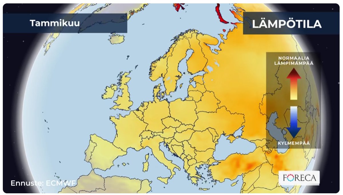 FPLMISF's tweet image. Noin kuukausi takaperin tehty ennuste tammikuun lämpötiloista.