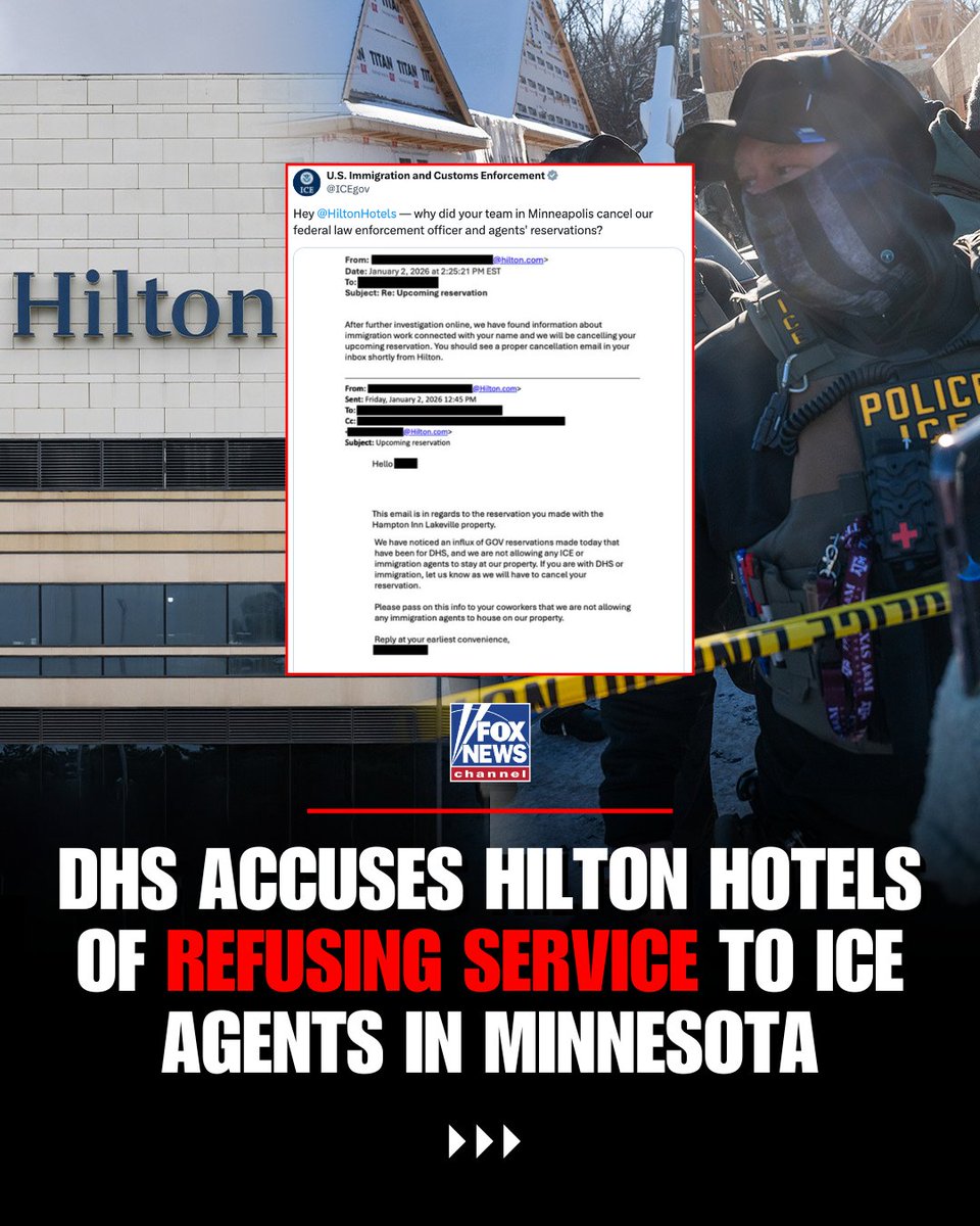 FoxNews's tweet image. NO ROOM AT THE INN?: A Hilton-branded hotel in Minneapolis is facing scrutiny after allegedly canceling reservations made by federal immigration agents—prompting DHS and ICE to publicly question the decision:

“This is UNACCEPTABLE. Why is Hilton Hotels siding with murderers and…