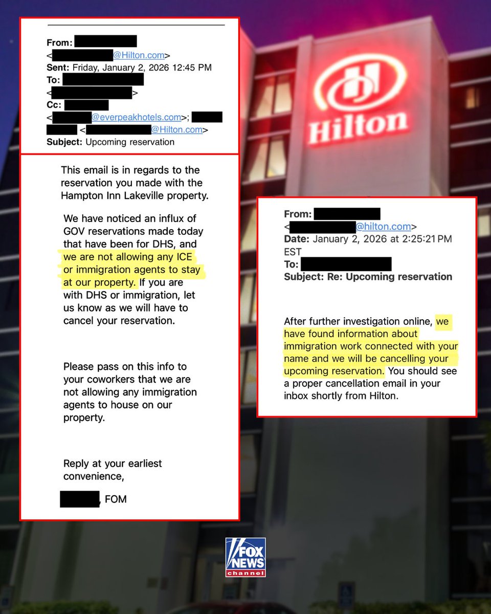 FoxNews's tweet image. NO ROOM AT THE INN?: A Hilton-branded hotel in Minneapolis is facing scrutiny after allegedly canceling reservations made by federal immigration agents—prompting DHS and ICE to publicly question the decision:

“This is UNACCEPTABLE. Why is Hilton Hotels siding with murderers and…