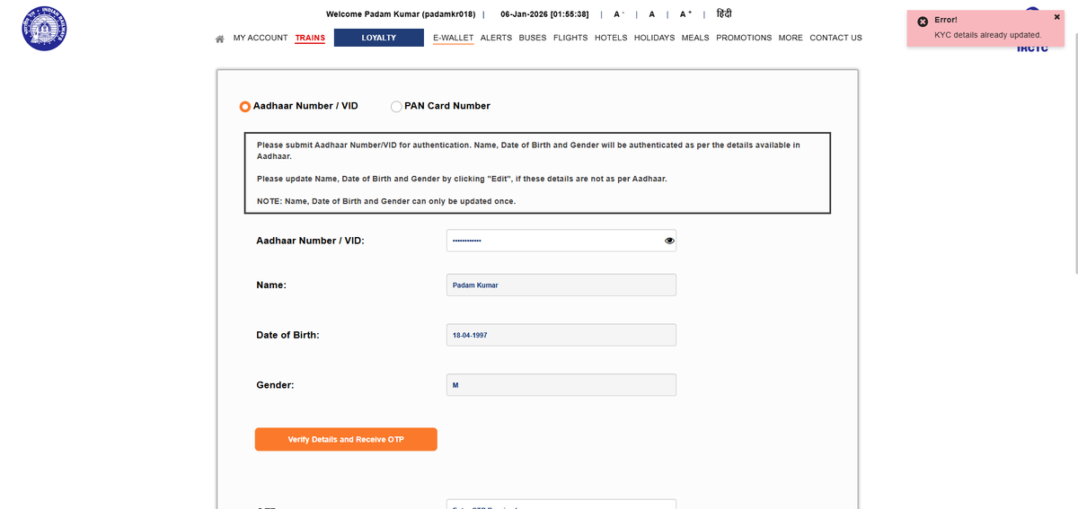 samrath018's tweet photo. @IRCTCofficial I'm encountering an error where I cannot complete the Aadhaar authentication. I previously authenticated my account, so I don't understand why I'm still being prompted for Aadhaar authentication. Additionally, when I attempt to do it, I'm unable to proceed. https://t.co/azcEqSO2fU