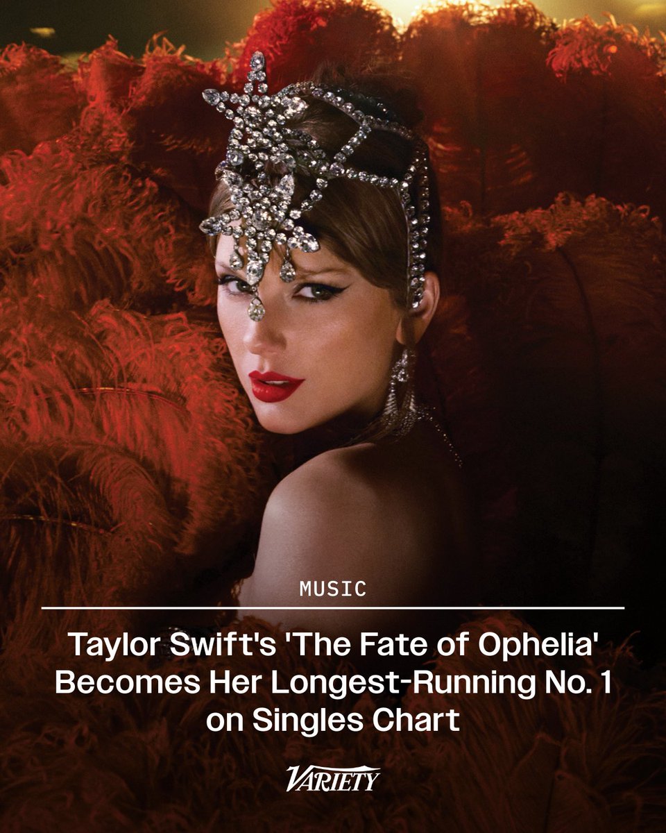 #TaylorSwift's "The Fate of Ophelia" breaks her own record, becoming her longest-running No. 1 on the Billboard Hot 100, surpassing hits like “Anti-Hero,” “Blank Space,” and “Shake It Off.” 

"The Fate of Ophelia" - 9 Weeks
"Anti-Hero" - 8 weeks
“Blank Space” - 7 weeks
“Cruel