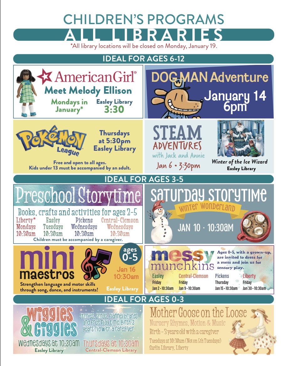 Pickens County Library System has a great January lineup for you! Free programming helps keep little ones busy &amp; learning. Newsletter link --> pickenscountylibrarysystem.com/newsletter-3/