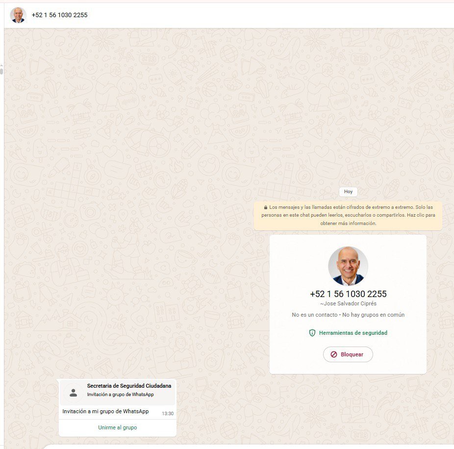 ❗️⚠️ AVISO IMPORTANTE ❗️⚠️

Me han informado que están utilizando mi fotografía para suplantar mi identidad desde un número falso, enviando mensajes e invitaciones para unirse a un grupo de WhatsApp que se llama Secretaría de Seguridad Ciudadana.

ESTOS MENSAJES Y ESE NÚMERO NO