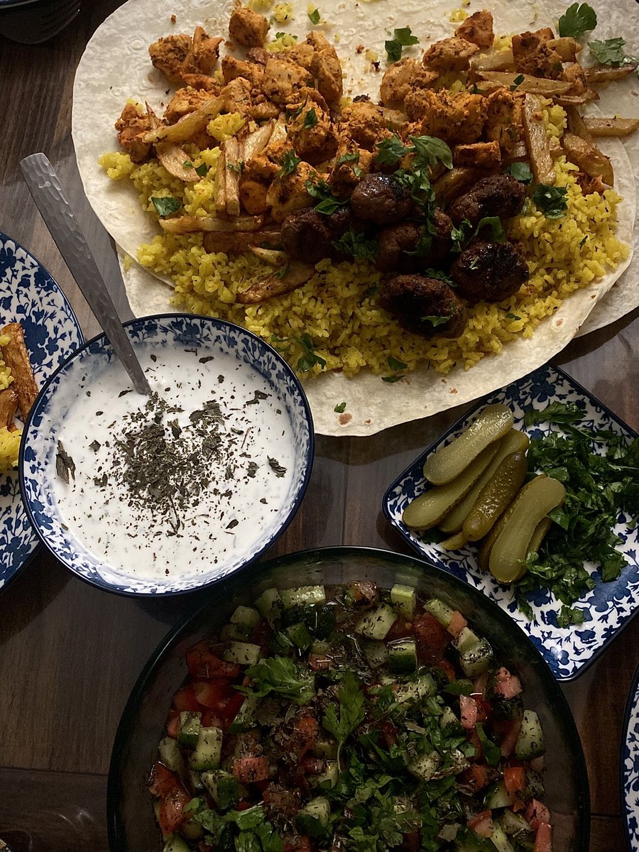 faraesthete's tweet photo. lebanese shish taouk + kefta over fries &amp; yellow rice 🇱🇧 
made this spread because my mom was fasting https://t.co/KkxPCkmOl1