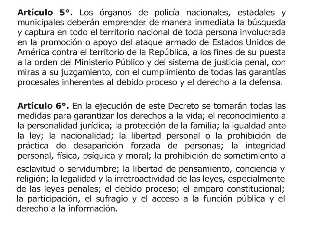 🇻🇪🇺🇸 | URGENTE: Mediante Gaceta Oficial, Delcy Rodríguez ordena la captura de toda persona que apoye el ataque de EE.UU. en Venezuela.

El decreto N° 5.200 (03/01) declara el “Estado de Conmoción Exterior” y ordena a todos los cuerpos policiales ejecutar las detenciones.