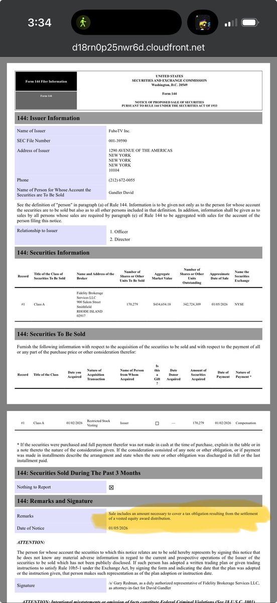 $FUBO Gandler just filed form 144 to sell FOR TAX OBLIGATIONS 

Please read filing before complaining about an insider selling